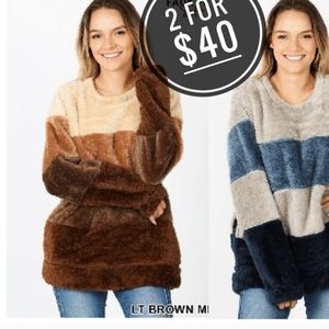 NEW BROWN TAUPE FAUX FUR PULLOVER TEDDY SWEATER TOP